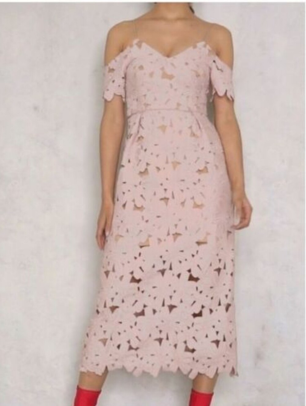 NWT NA-KD COLD SHOULDER CROCHET MIDI DRESS BLUSH PINK SIZE SMALL